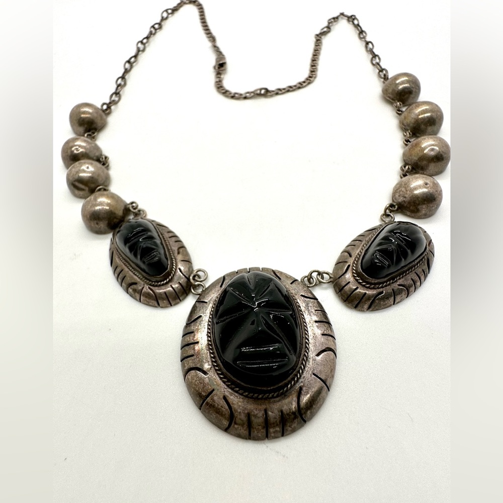 Vintage Tribal Aztec Mask Black Obsidian Silver Necklace
